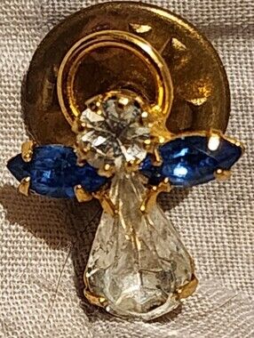 Vintage Gold Tone Faux Gem Rhinestone Small Angel Lapel Tie Pin